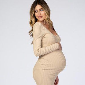 Pink Blush Taupe V-Neck Long Sleeve Fitted Maxi